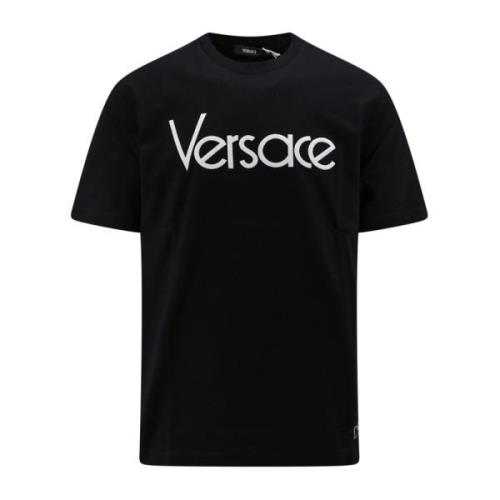 Zwart Geribbeld T-shirt met Borduurwerk Versace , Black , Heren