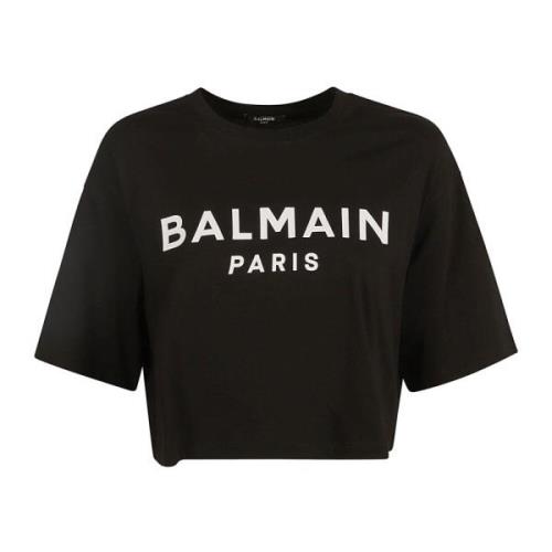 Logo Print Cropped T-Shirt Noir/Blanc Balmain , Black , Dames
