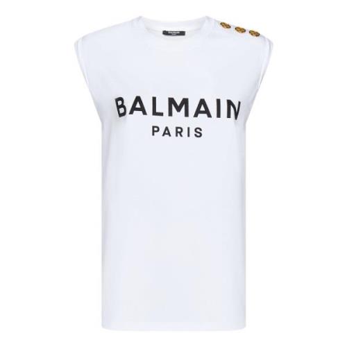 Witte Mouwloze T-shirt met Logo Balmain , White , Dames