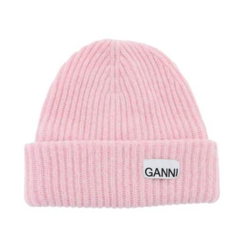 Geribbelde Mélange Beanie Muts met Logo Patch Ganni , Pink , Dames