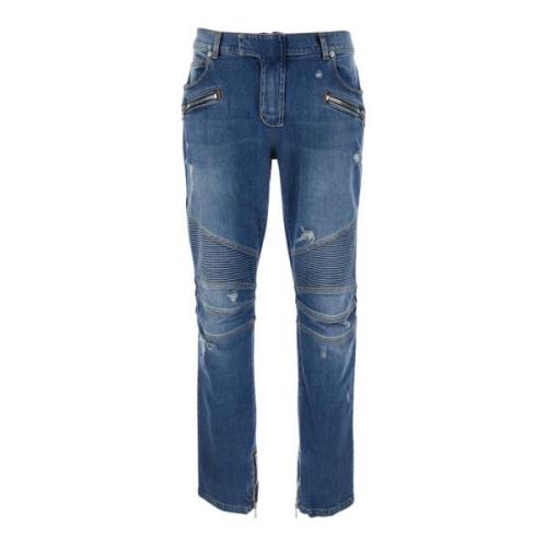 Vintage Blue Biker Denim Broek Balmain , Blue , Heren