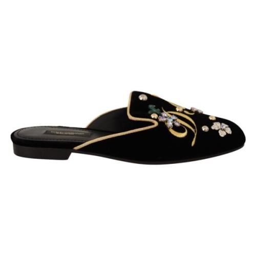 Luxe Velvet Sliders met Borduursel en Kristallen Dolce & Gabbana , Bla...