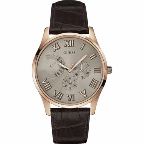 Roségoud Roestvrij Stalen Leren Horloge Guess , Pink , Heren