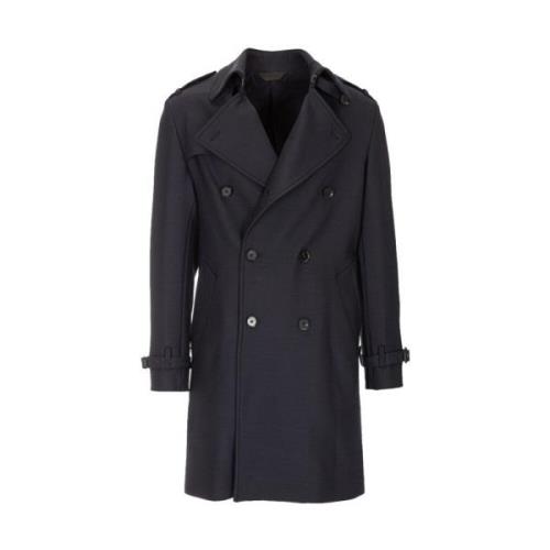 Dubbelrijige wollen trenchcoat Paoloni , Blue , Heren