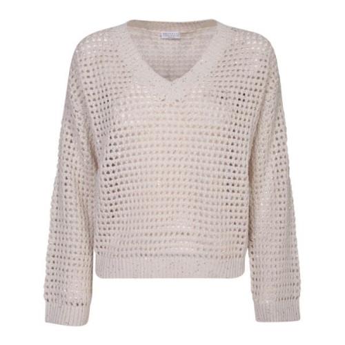 Witte Katoenen Trui Openwerk Brei Brunello Cucinelli , Beige , Dames