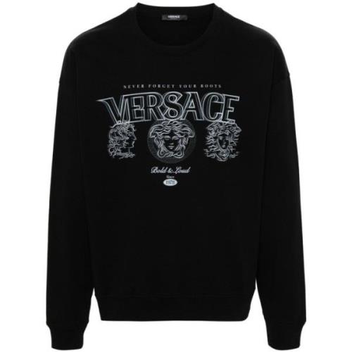 Zwarte Logo Print Crew Neck Sweater Versace , Black , Heren