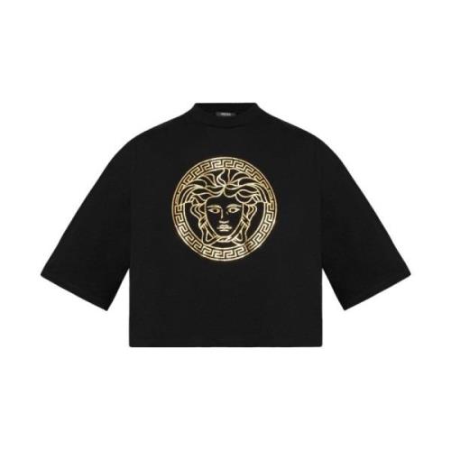 Zwart Katoen Jersey Logo T-shirt Versace , Black , Dames