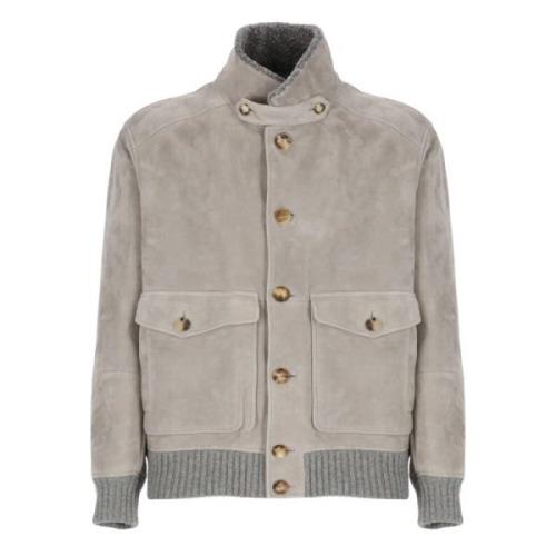 Grijze Suède Leren Cashmere Jas Brunello Cucinelli , Gray , Heren