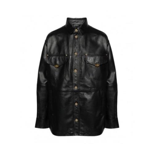 Gladleren jas met logoplaquette Versace , Black , Heren