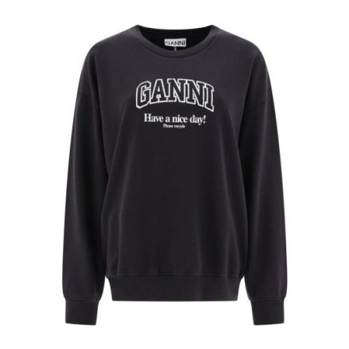 Zwarte Sweater met Logo Print en Ronde Hals Ganni , Black , Dames