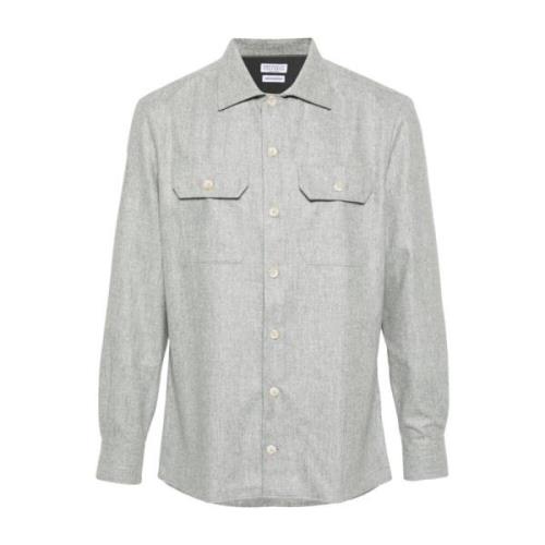 Grijze Wollen Shirt Mélange Effect Brunello Cucinelli , Gray , Heren