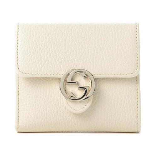 Leren Bifold Portemonnee met Logo Gucci , White , Dames