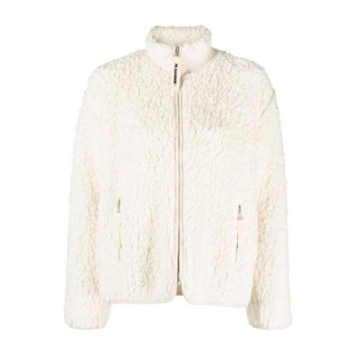 Shearling Zip Sweater Ivory Jersey Trim Jil Sander , White , Dames