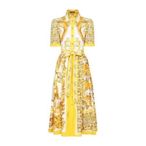 Majolica Print Gele Jurk Dolce & Gabbana , Yellow , Dames