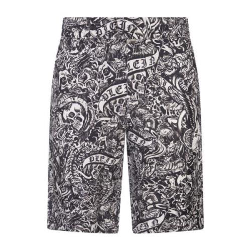 Zwarte Tattoo Patroon Zijden Shorts Philipp Plein , Black , Heren