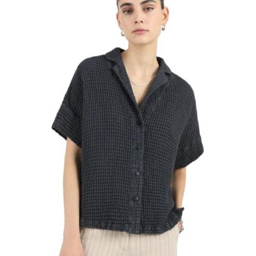 Gestructureerde Linnen-Katoen Boxy Shirt Masscob , Black , Dames