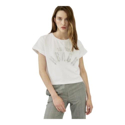 Glitter Logo T-Shirt Highlum Model Silvian Heach , White , Dames