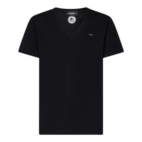 Zwart V-hals T-shirt met logo plaat Dsquared2 , Black , Heren