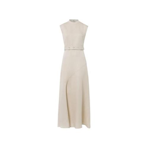 Mouwloze Linnen Maxi Jurk met Opstaande Kraag IVY OAK , Beige , Dames