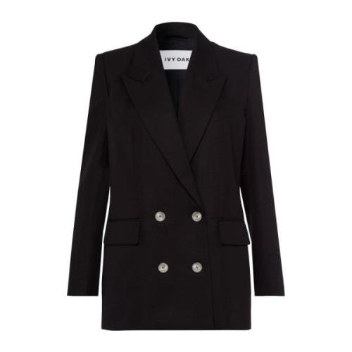 Dubbelrijige Linnen Blend Blazer IVY OAK , Black , Dames