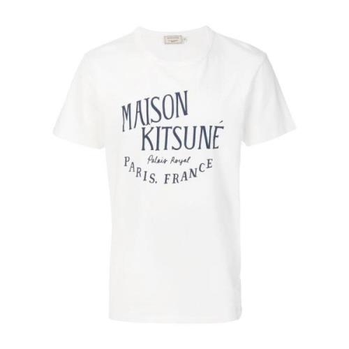 Ecru Logo Print Katoenen T-shirt Maison Kitsuné , Beige , Heren