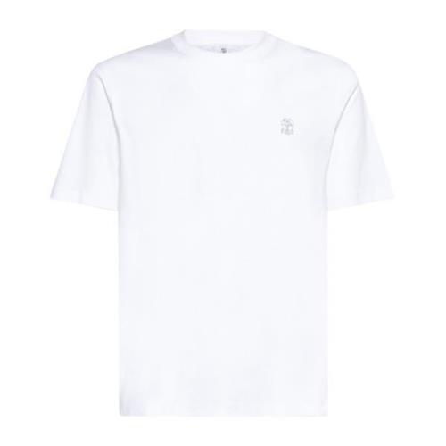 Wit Katoen Crew Neck Logo T-shirt Brunello Cucinelli , White , Heren