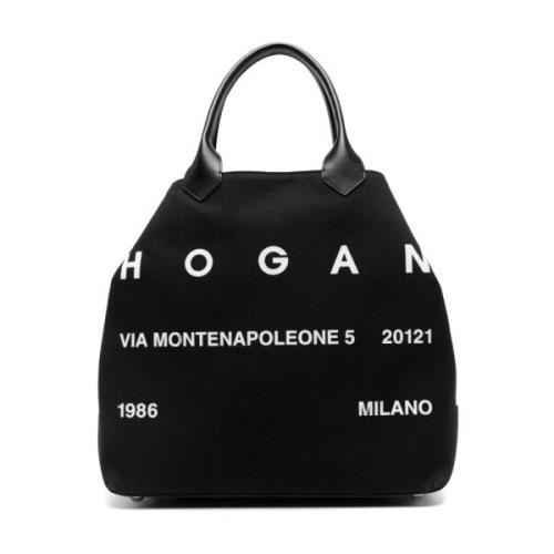 Canvas Leren Tote Tas Zwart Hogan , Black , Dames