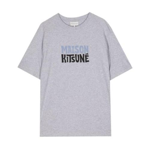 Grijze Logo Print Crew Neck T-shirt Maison Kitsuné , Gray , Heren