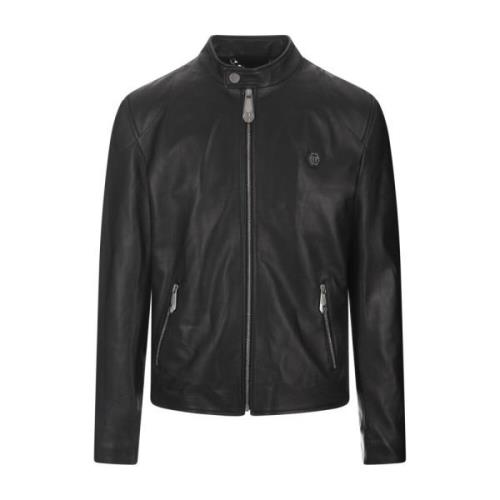 Zwarte Leren Bikerjas Philipp Plein , Black , Heren