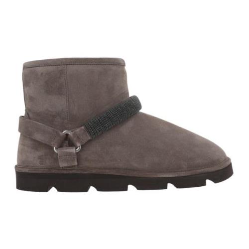 Grijze Suède Shearling Laarzen met Geborduurde Band Brunello Cucinelli...