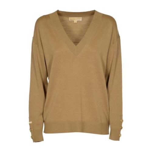 Merino V-Neck Button Sleeve Sweater Michael Kors , Brown , Dames