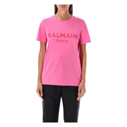 Flocked Paris T-Shirt Fucsia Rose Balmain , Pink , Dames