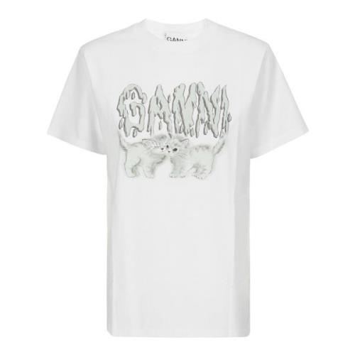 Schattige Katten Jersey T-shirt Ganni , White , Dames