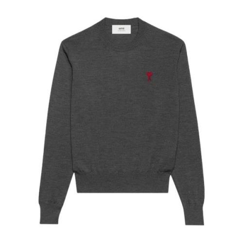 Geborduurde Logo Antraciet Wolmix Sweater Ami Paris , Gray , Heren