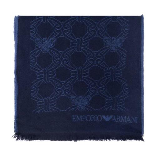 Wollen sjaal met logo Emporio Armani , Blue , Heren