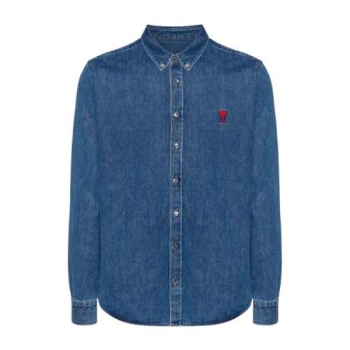 Denim Heart Logo Shirt Blauw Ami Paris , Blue , Heren