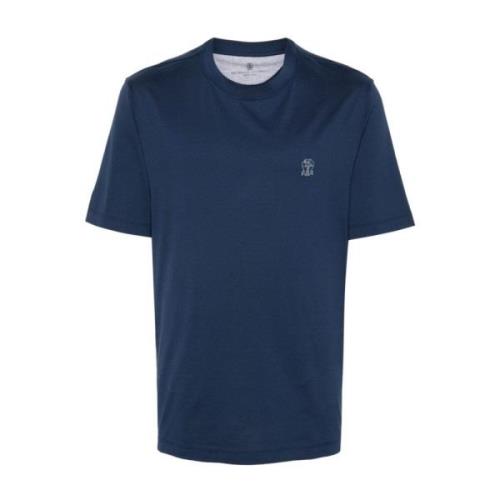 Navy Blue Jersey Crew Neck Logo T-shirt Brunello Cucinelli , Blue , He...