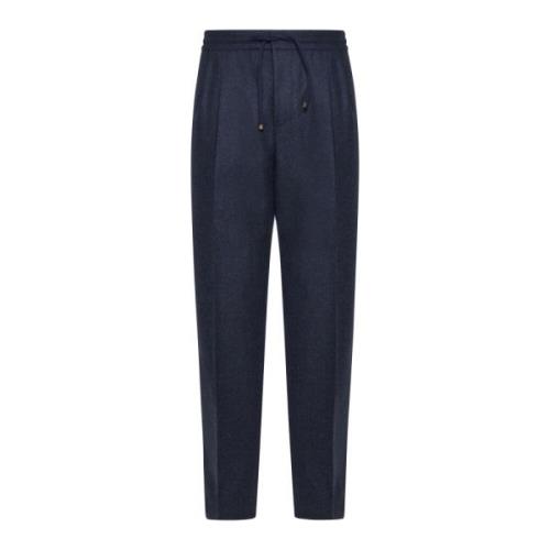 Blauwe Wol Elastische Taille Broek Brunello Cucinelli , Blue , Heren