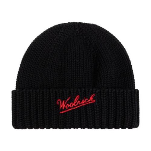 Wollen muts met logo Woolrich , Black , Heren