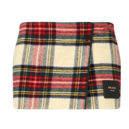 Tartan Check Wool Miniskirt Ivory Prada , Multicolor , Dames