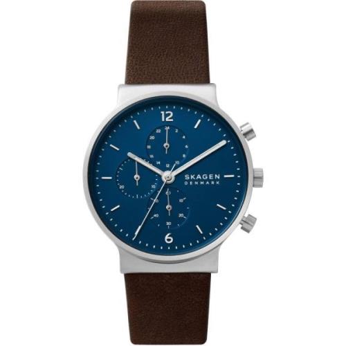 Ancher Leren Horloge Blauwe Wijzerplaat Skagen , Gray , Heren