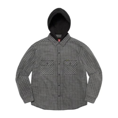 Houndstooth Flannel Hooded Shirt Black Supreme , Gray , Heren