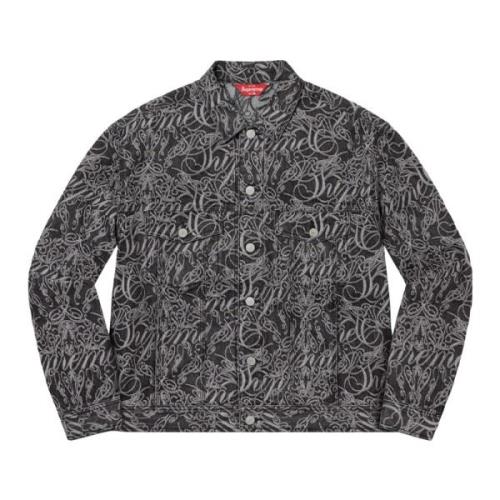 Script Jacquard Denim Trucker Jacket Supreme , Black , Heren