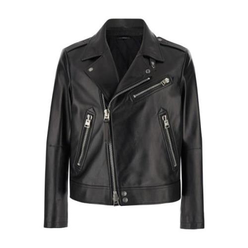 Zwarte Leren Bikerjas Tom Ford , Black , Heren