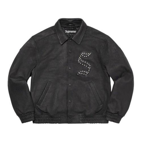 Zwarte Leren Varsity Jack Beperkte Oplage Supreme , Black , Heren