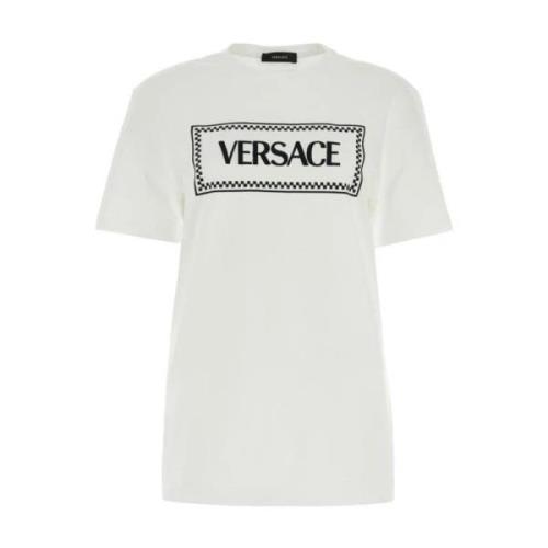 Witte Katoenen T-shirt met Logo Print Versace , White , Dames