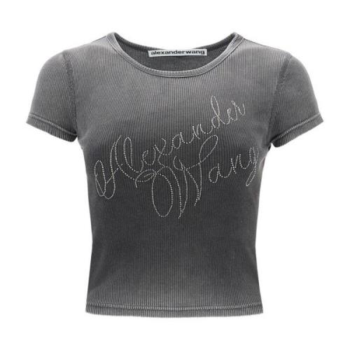 Rhinestone Logo T-shirt Alexander Wang , Gray , Dames