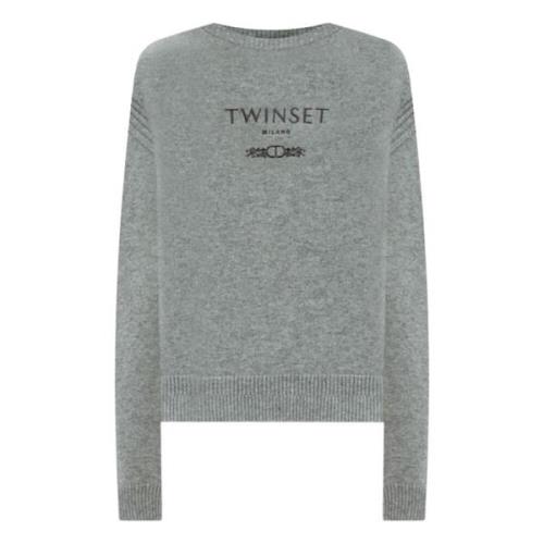 Grijze Wol Cashmere Logo Trui Twinset , Gray , Dames