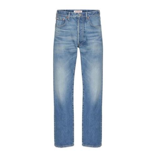 Blauwe Denim Straight Jeans Logo Plaat Valentino Garavani , Blue , Her...