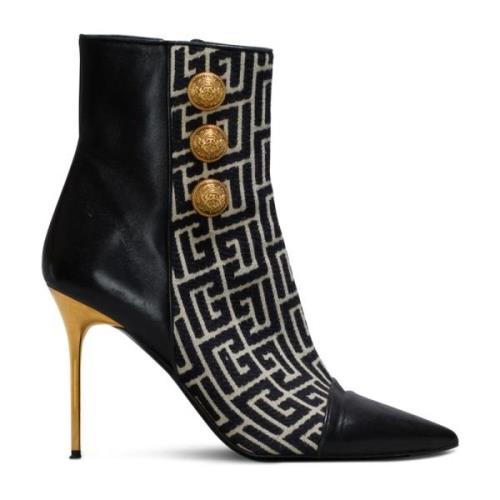 Jacquard monogram en leren Roni enkellaarzen Balmain , Black , Dames